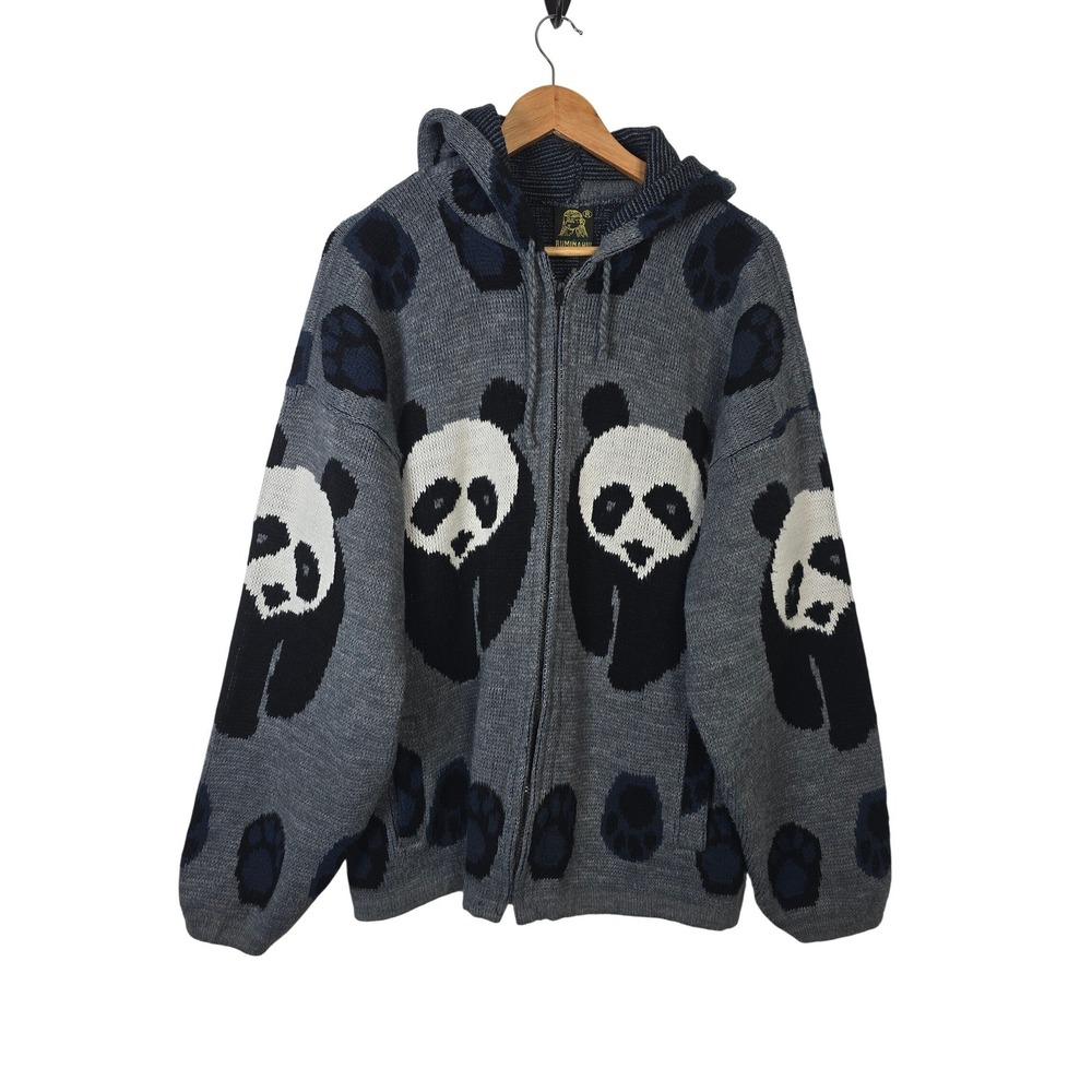 Ruminahui Mens Wool Panda Bear Full Zip Hooded Sweater Gray Ecuador XL